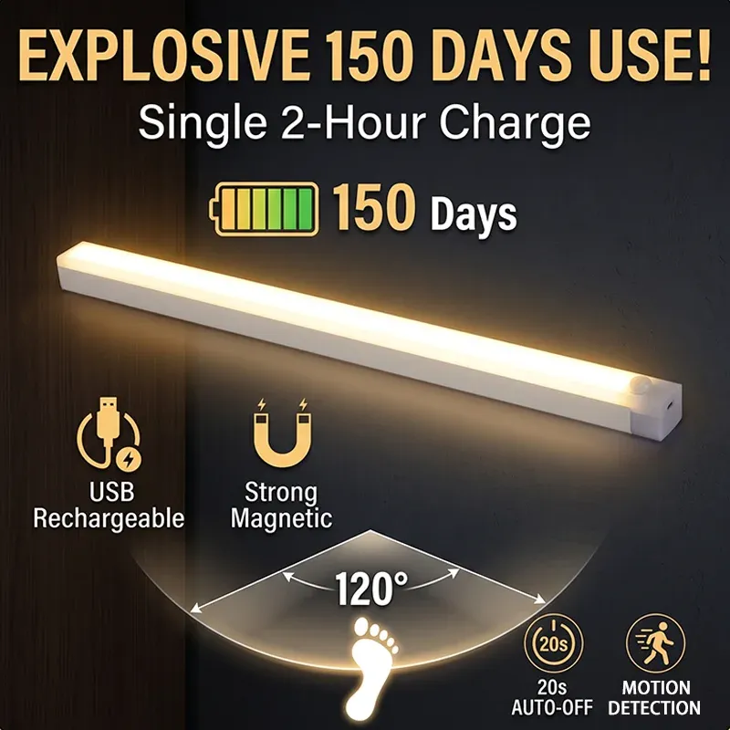 Lampe LED rechargeable à détecteur de mouvement, magnétique et portable, pour armoire, cuisine et couloir
