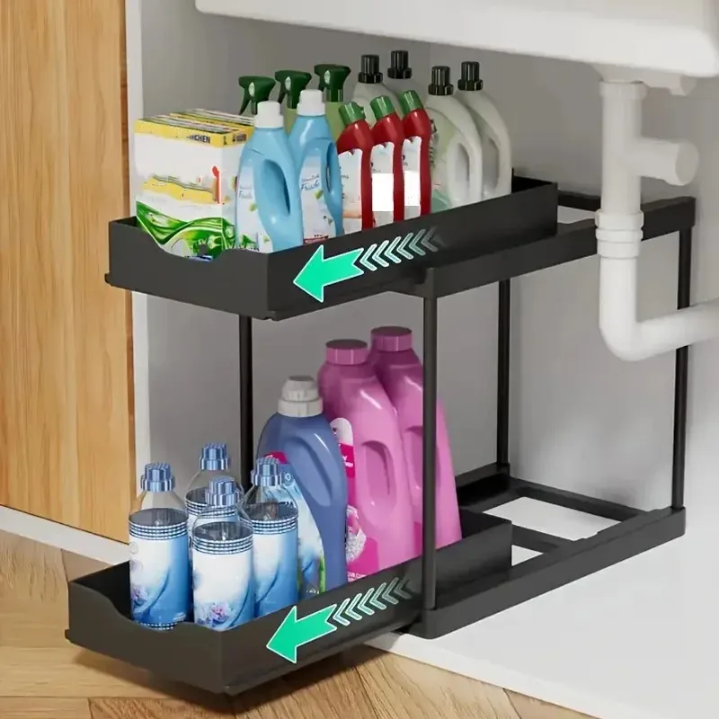 Étagère coulissante à 2 niveaux pour sous-évier, organisateur multifonctionnel pour cuisine et salle de bain 2