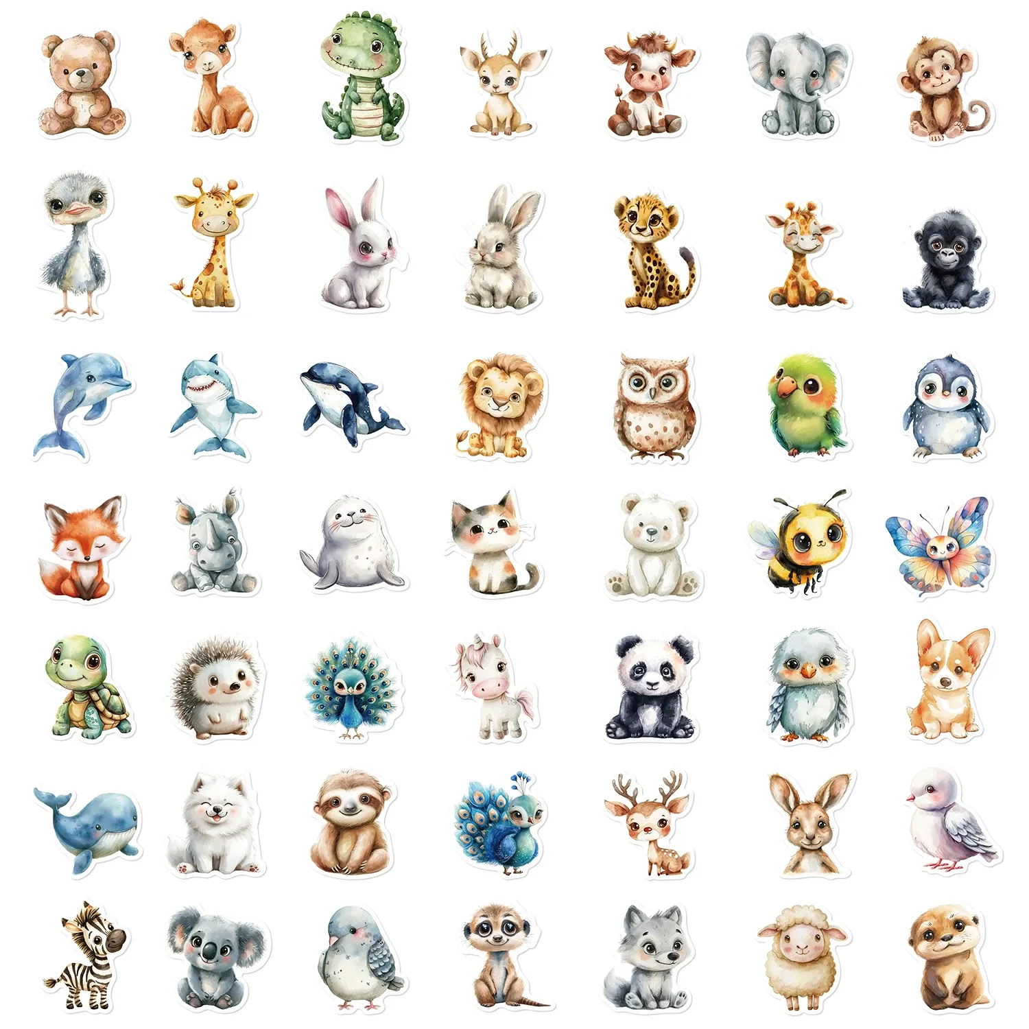 Lot de 50 autocollants animaux aquarelle imperméables pour téléphone, ordinateur portable, tasse et bagages 3