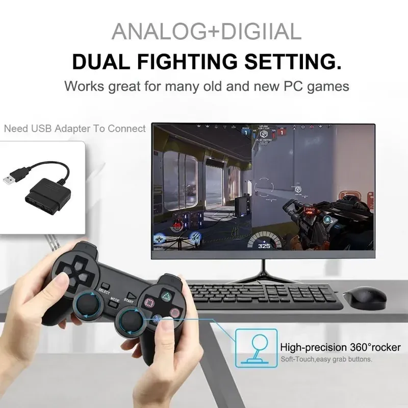 Manette de jeu sans fil pour PS2/PS1, manette 2.4G pour console PlayStation 2 avec vibration, joystick double choc, manette USB pour PC 6