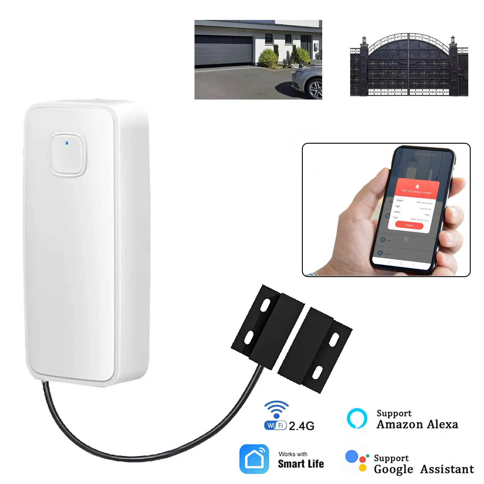 Détecteur de porte magnétique intelligent Tuya WiFi avec contrôle par application et alarme de sécurité pour portes en fer, portes coulissantes et volets roulants