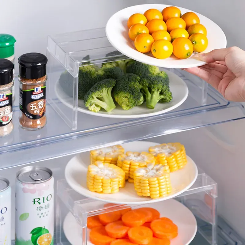 Organisateur de réfrigérateur, bac de rangement, étagères intercalaires superposables pour réfrigérateur, support de bureau transparent gain de place, accessoires de cuisine 3