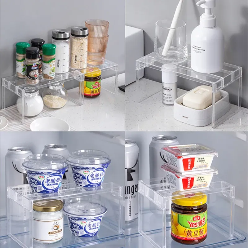 Organisateur de réfrigérateur, bac de rangement, étagères intercalaires superposables pour réfrigérateur, support de bureau transparent gain de place, accessoires de cuisine 4