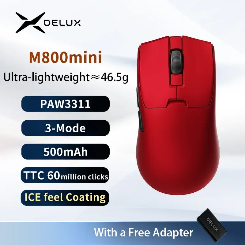 Souris Gaming Sans Fil Delux M800mini, 46 g Ultra-Légère, PAW3395/PAW3311, Taux de Scrutation 1 kHz pour Mains Petites à Moyennes 10