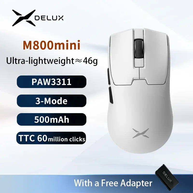 Souris Gaming Sans Fil Delux M800mini, 46 g Ultra-Légère, PAW3395/PAW3311, Taux de Scrutation 1 kHz pour Mains Petites à Moyennes 11