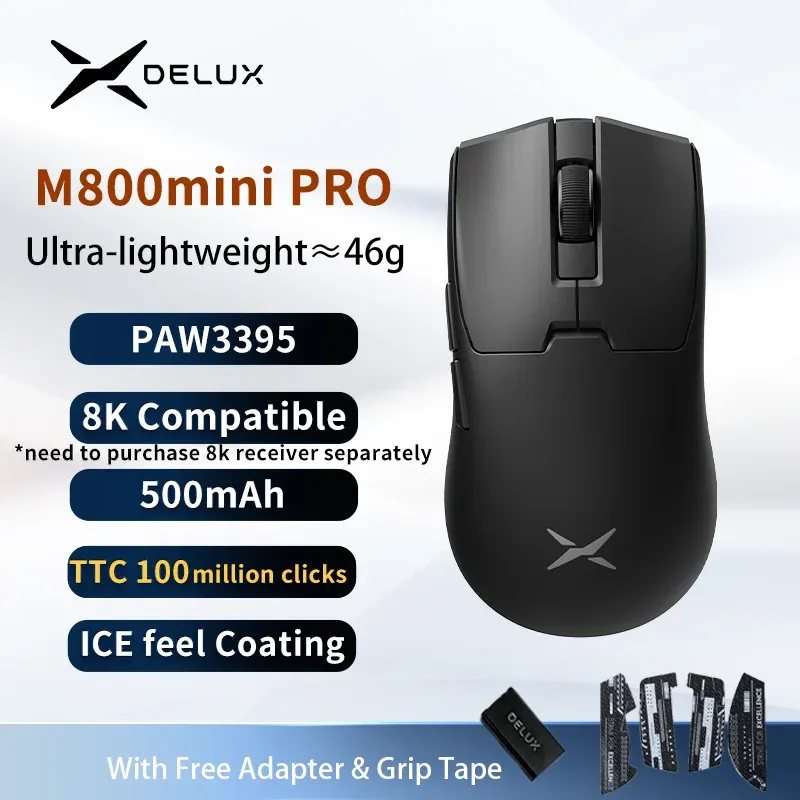 Souris Gaming Sans Fil Delux M800mini, 46 g Ultra-Légère, PAW3395/PAW3311, Taux de Scrutation 1 kHz pour Mains Petites à Moyennes 8
