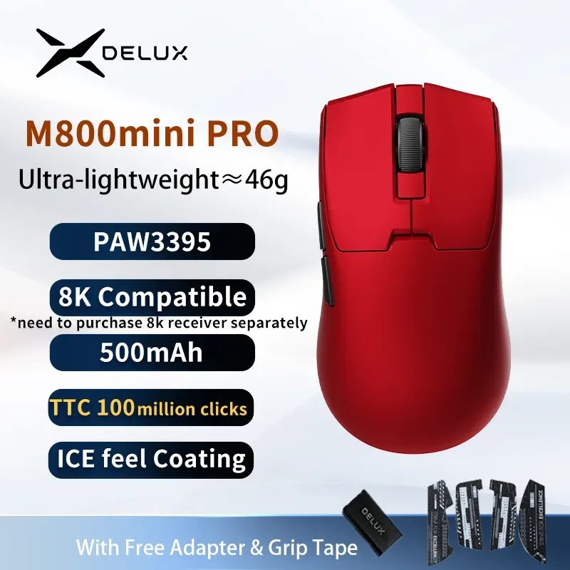 Souris Gaming Sans Fil Delux M800mini, 46 g Ultra-Légère, PAW3395/PAW3311, Taux de Scrutation 1 kHz pour Mains Petites à Moyennes 9