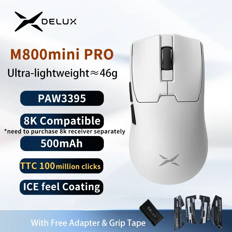 Souris Gaming Sans Fil Delux M800mini, 46 g Ultra-Légère, PAW3395/PAW3311, Taux de Scrutation 1 kHz pour Mains Petites à Moyennes 7