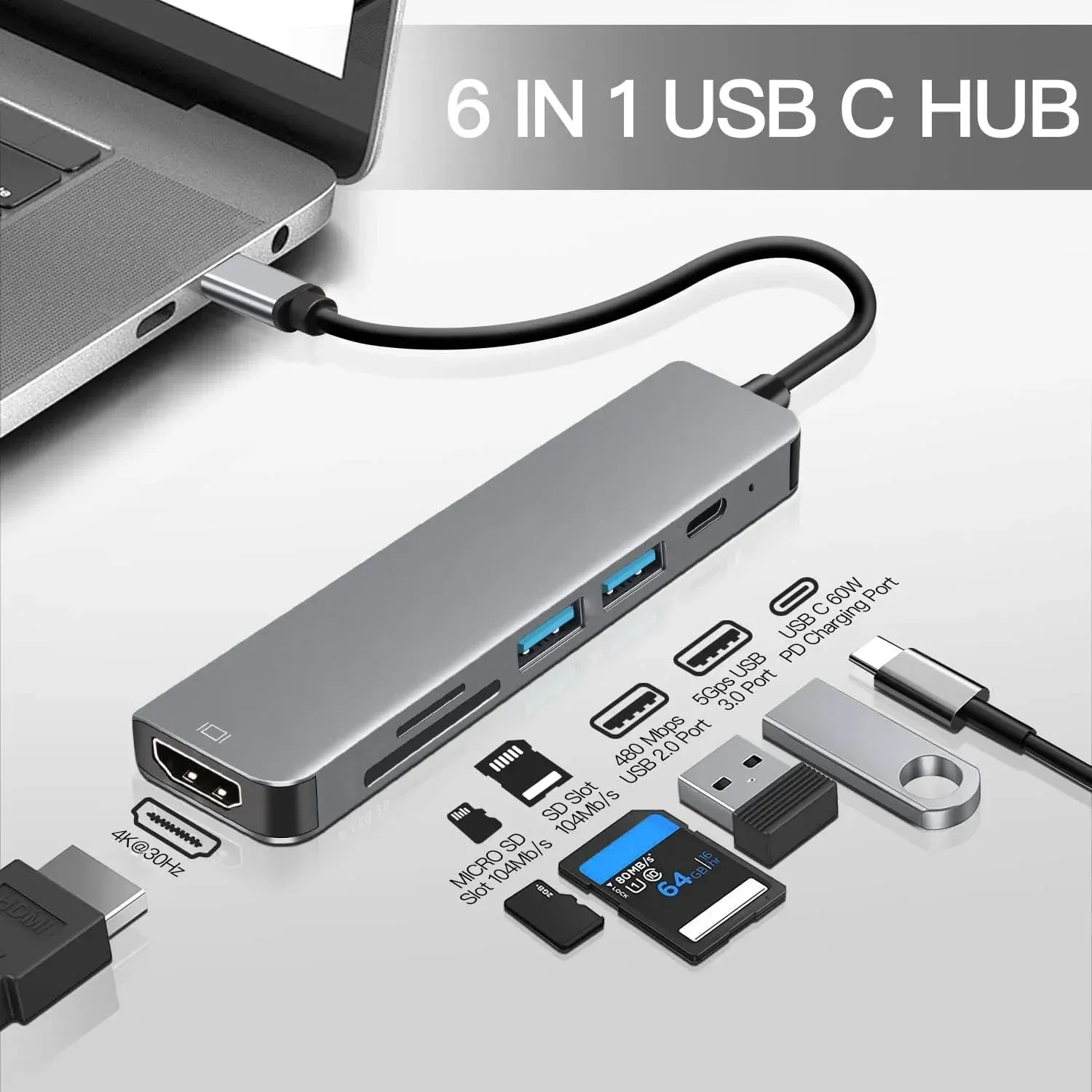 Hub USB-C 5 en 1 vers HDMI 4K, charge rapide PD, USB 3.0 et 2.0, station d'accueil Type-C pour MacBook, iPad et Samsung 3