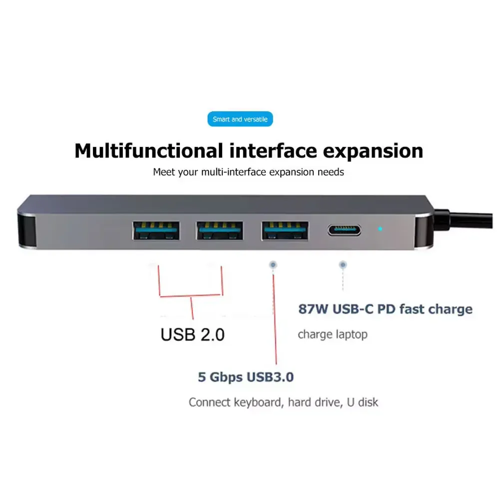 Hub USB-C 5 en 1 vers HDMI 4K, charge rapide PD, USB 3.0 et 2.0, station d'accueil Type-C pour MacBook, iPad et Samsung 6