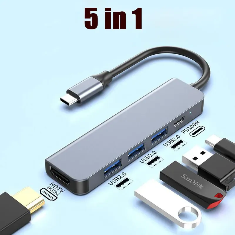 Hub USB-C 5 en 1 vers HDMI 4K, charge rapide PD, USB 3.0 et 2.0, station d'accueil Type-C pour MacBook, iPad et Samsung 9