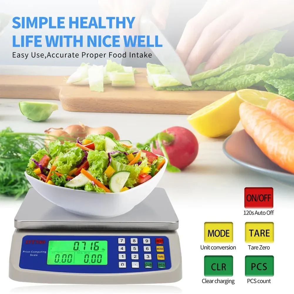Balance de cuisine numérique professionnelle 40 kg / 1 g en acier inoxydable, avec fonction tare, calcul du prix et comptage, pour viandes et légumes 4
