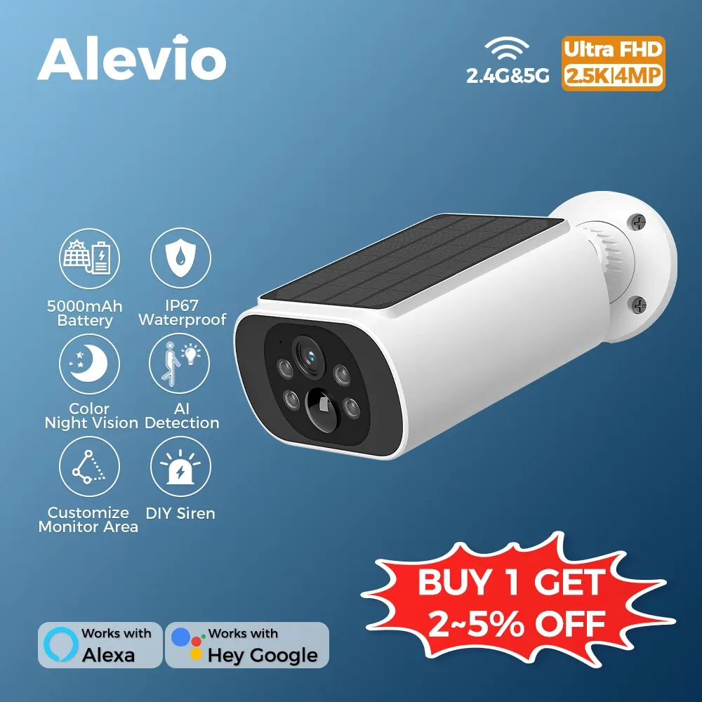 ALEVIO Caméra WiFi d'extérieur solaire sans fil 2,5K, longue autonomie en veille, enregistrement 24/7, vision nocturne couleur, audio bidirectionnel, détection IA
