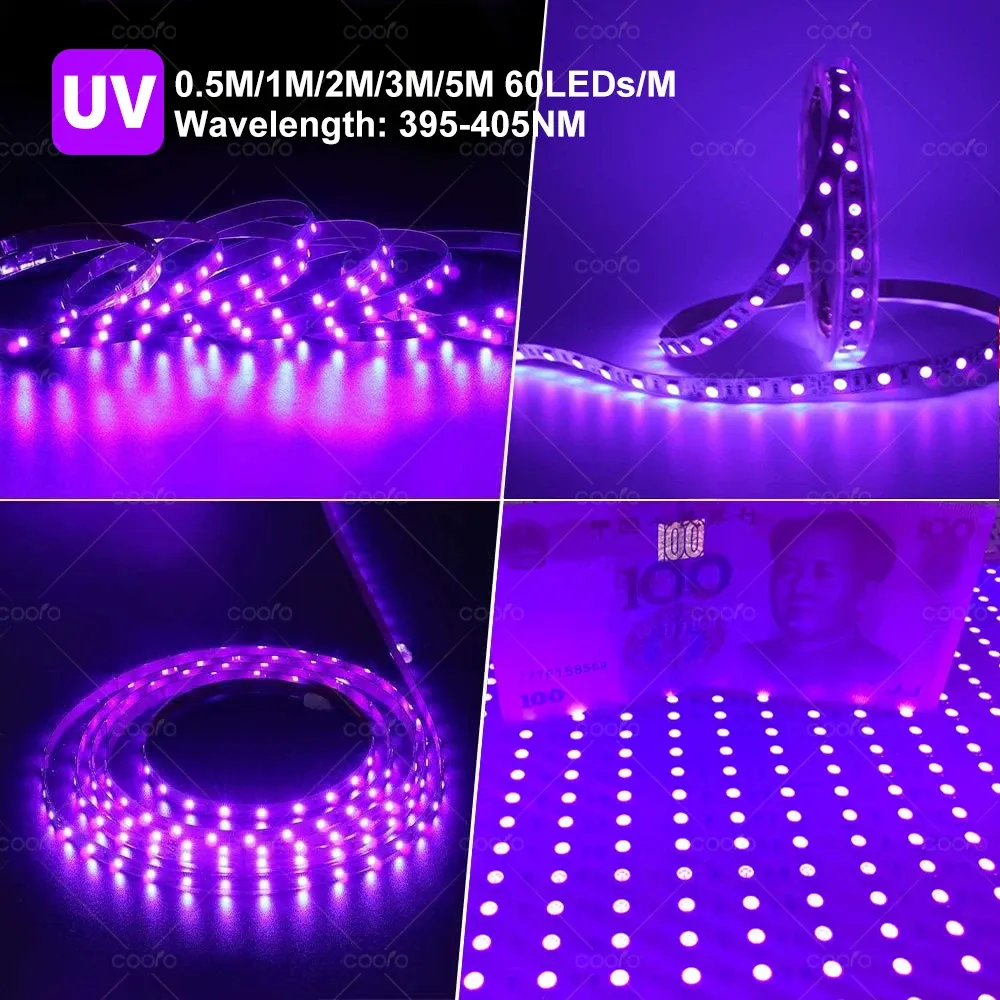 Bande LED UV flexible 395-405 nm, lumière noire, SMD 2835, DC 5 V, pour fête 3