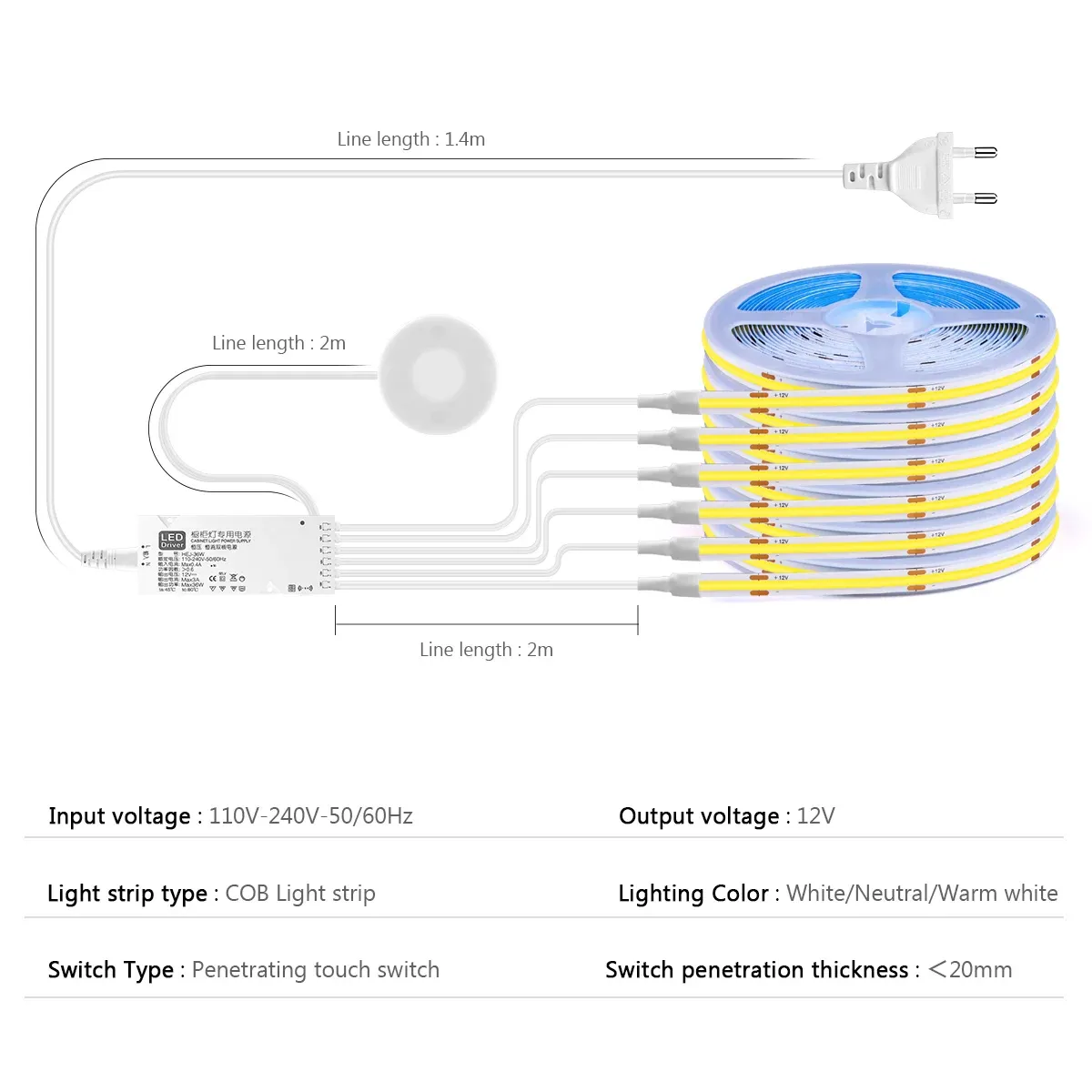 Bande Lumineuse LED COB à Capteur Tactile et Intensité Réglable pour Sous-Meuble, Bibliothèque et Garde-Robe 6
