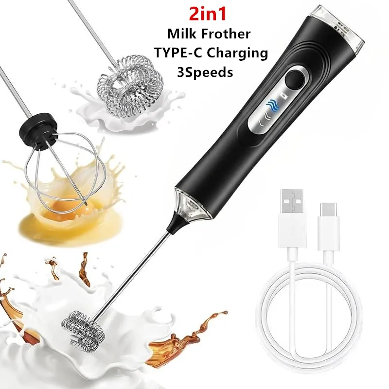 Mousseur à lait électrique sans fil à 3 vitesses, rechargeable par USB-C, avec batteur à œufs et fouet à café portatif