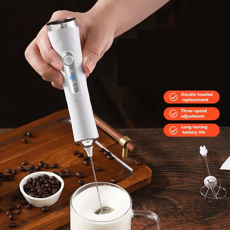 Mousseur à lait électrique sans fil à 3 vitesses, rechargeable par USB-C, avec batteur à œufs et fouet à café portatif 4