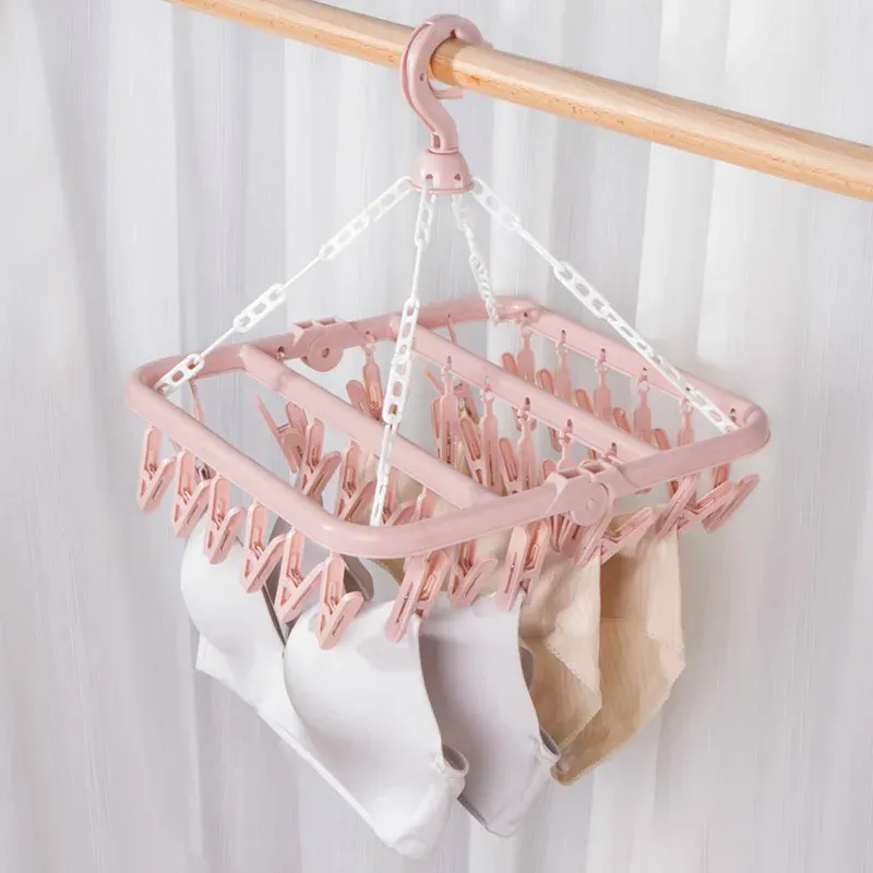 Cintre anti-goutte pliable avec 32 pinces, séchoir suspendu en plastique pour vêtements, sous-vêtements et chaussettes, idéal pour balcon et chambre, lot de 3 2
