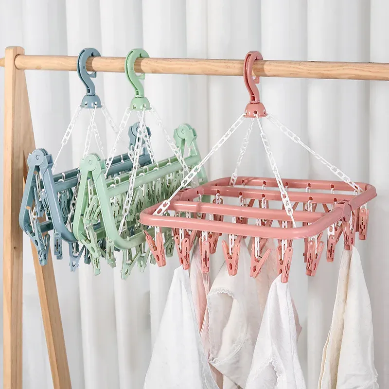 Cintre anti-goutte pliable avec 32 pinces, séchoir suspendu en plastique pour vêtements, sous-vêtements et chaussettes, idéal pour balcon et chambre, lot de 3 - Image 1
