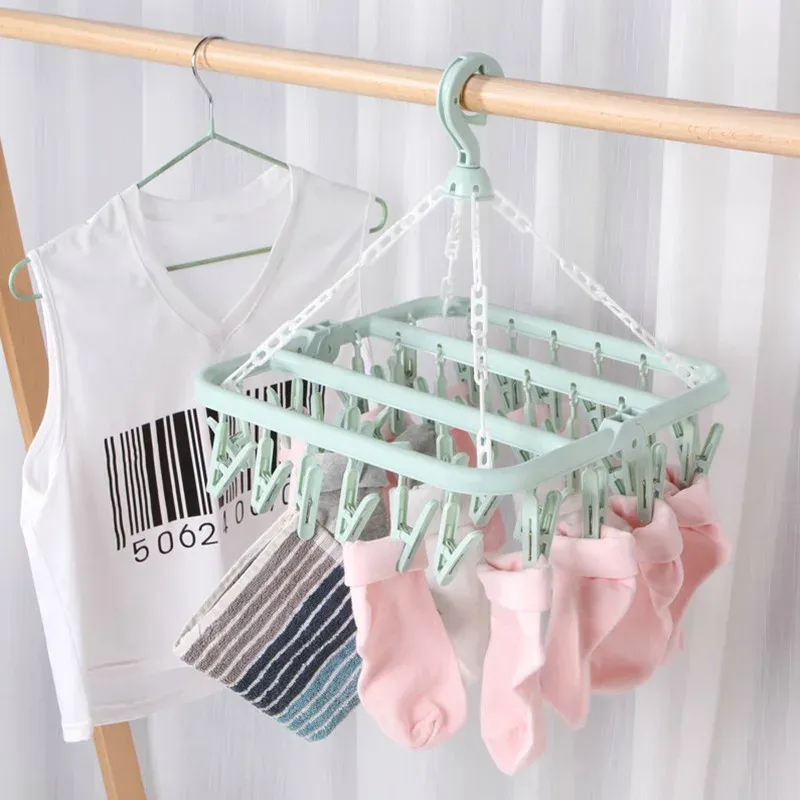 Cintre anti-goutte pliable avec 32 pinces, séchoir suspendu en plastique pour vêtements, sous-vêtements et chaussettes, idéal pour balcon et chambre, lot de 3 3
