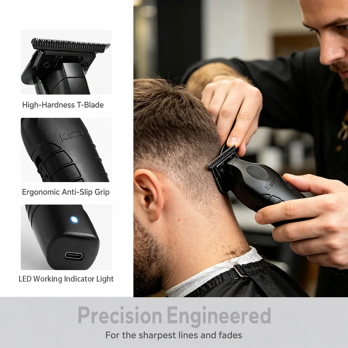 Tondeuse à cheveux professionnelle Kemei rechargeable, lame 0 mm, machine électrique de coiffure 6