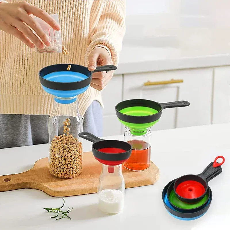 Lot de 3 entonnoirs pliables en silicone, 3 tailles, entonnoirs télescopiques de qualité alimentaire pour la cuisine, à large ouverture pour liquides, poudres et confitures 2