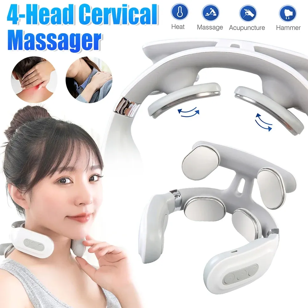 Masseur cervical intelligent 4 têtes, masseur de nuque et d'épaules à chaleur thermique, masseur électrique rechargeable par USB, mixte, 2025