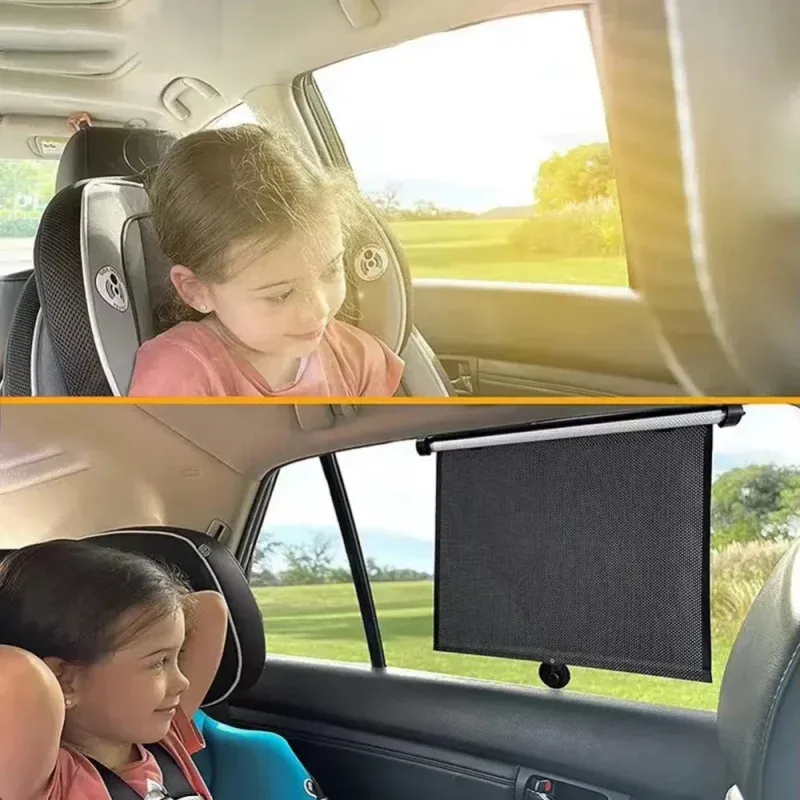 Pare-soleil rétractable pour voiture à maille noire rayée, facile à utiliser, format compact pour un rangement aisé 2