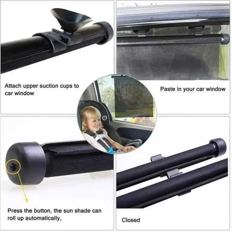 Pare-soleil rétractable pour voiture à maille noire rayée, facile à utiliser, format compact pour un rangement aisé 5