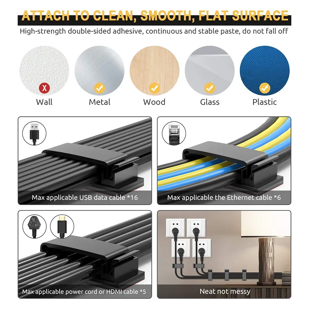 Organisateur de câbles auto-adhésifs, lot de 10, 20 ou 50 pièces, clips de gestion de câbles USB, support mural pour câbles de voiture et de maison, enrouleur de fil de chargement 3