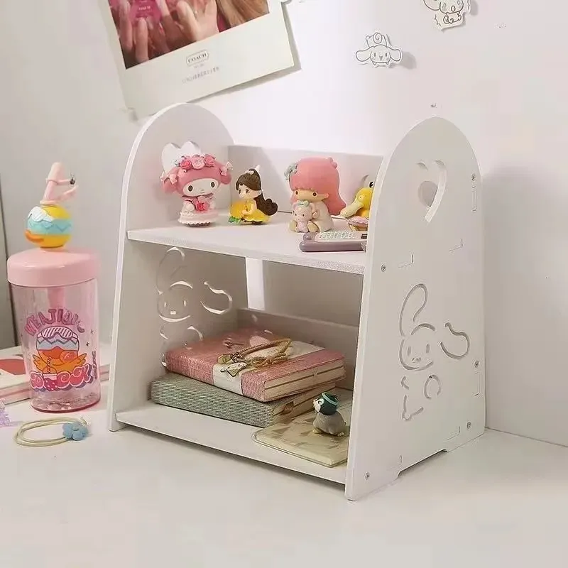 Étagère de rangement de bureau Hello Kitty à 2 niveaux, organisateur de bureau blanc Kawaii, présentoir mignon pour maquillage et papeterie 3