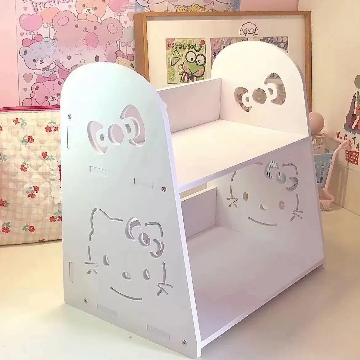 Étagère de rangement de bureau Hello Kitty à 2 niveaux, organisateur de bureau blanc Kawaii, présentoir mignon pour maquillage et papeterie - Image 1