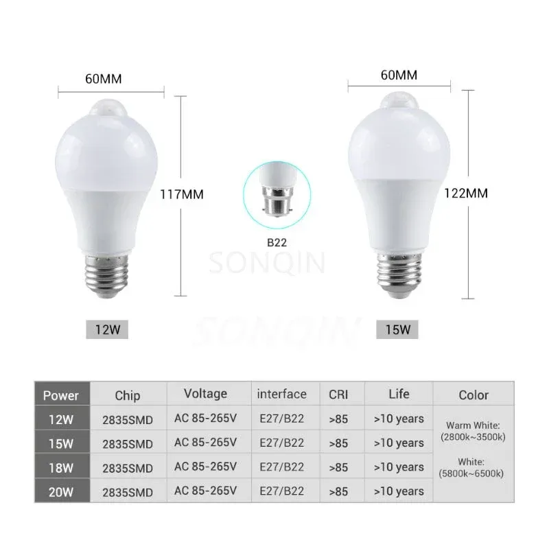 Ampoule LED E27 à détecteur de mouvement infrarouge, 10 W à 20 W, compatible 110 V / 220 V, éclairage automatique économe en énergie pour maison et porche 2