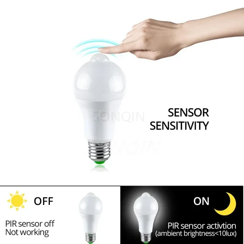 Ampoule LED E27 à détecteur de mouvement infrarouge, 10 W à 20 W, compatible 110 V / 220 V, éclairage automatique économe en énergie pour maison et porche 4