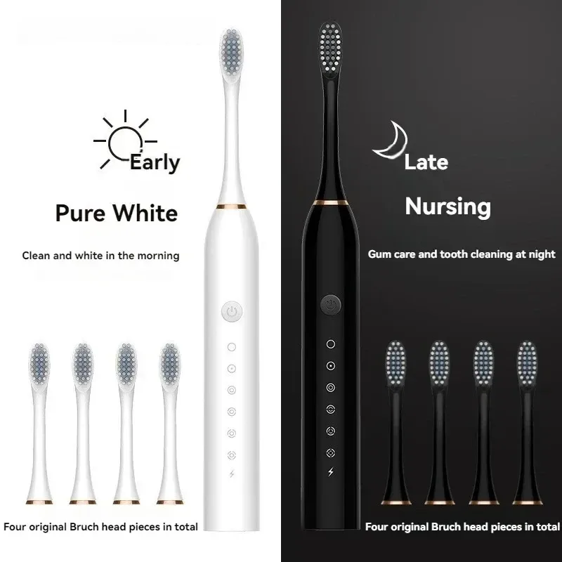 Brosse à dents électrique ultrasonique à six modes, poils doux, recharge USB, étanche, pour adulte, ensemble pour couple