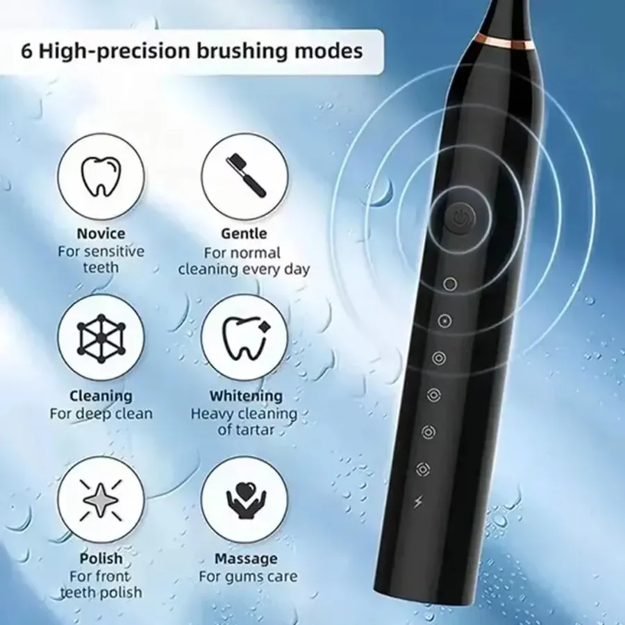 Brosse à dents électrique ultrasonique à six modes, poils doux, recharge USB, étanche, pour adulte, ensemble pour couple 2