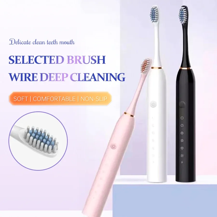 Brosse à dents électrique ultrasonique à six modes, poils doux, recharge USB, étanche, pour adulte, ensemble pour couple 6