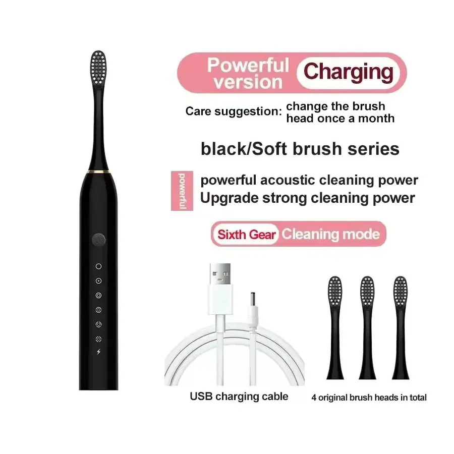Brosse à dents électrique ultrasonique à six modes, poils doux, recharge USB, étanche, pour adulte, ensemble pour couple 7