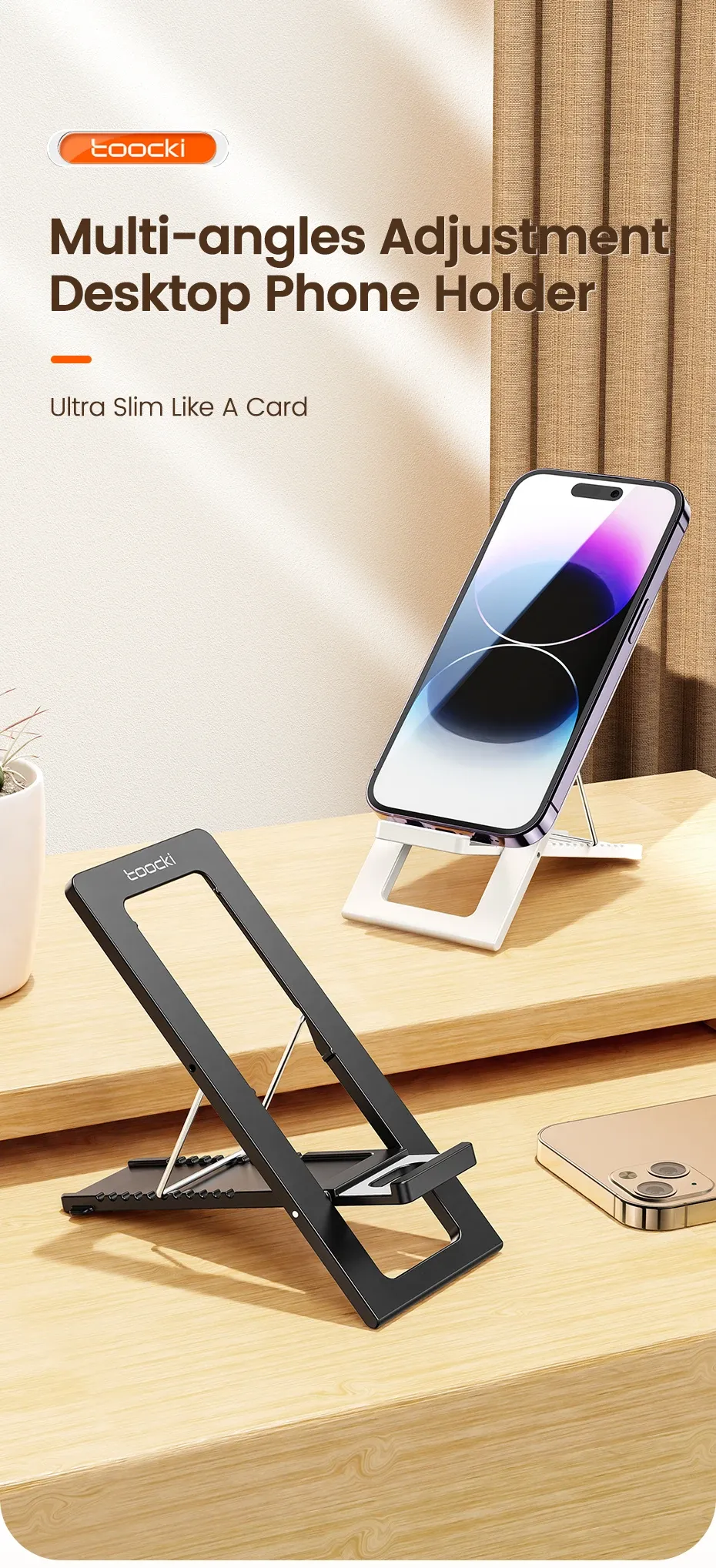 Support de téléphone pliable Toocki présenté dans un univers épuré