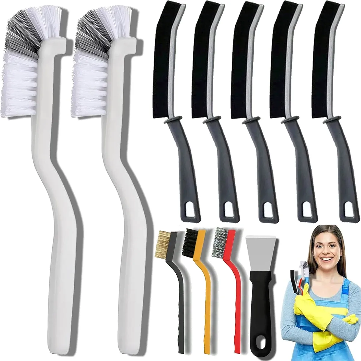 Lot de 8 à 9 brosses de nettoyage pour interstices, à poils durs, multi-usages, pour cuisine, salle de bain, coins, joints et évier