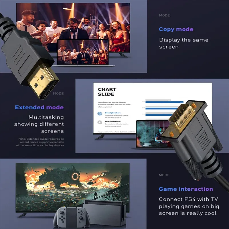 Adaptateur convertisseur HDMI vers VGA Full HD 1080p pour ordinateur portable, projecteur, moniteur, téléviseur et consoles Xbox et PS4 4