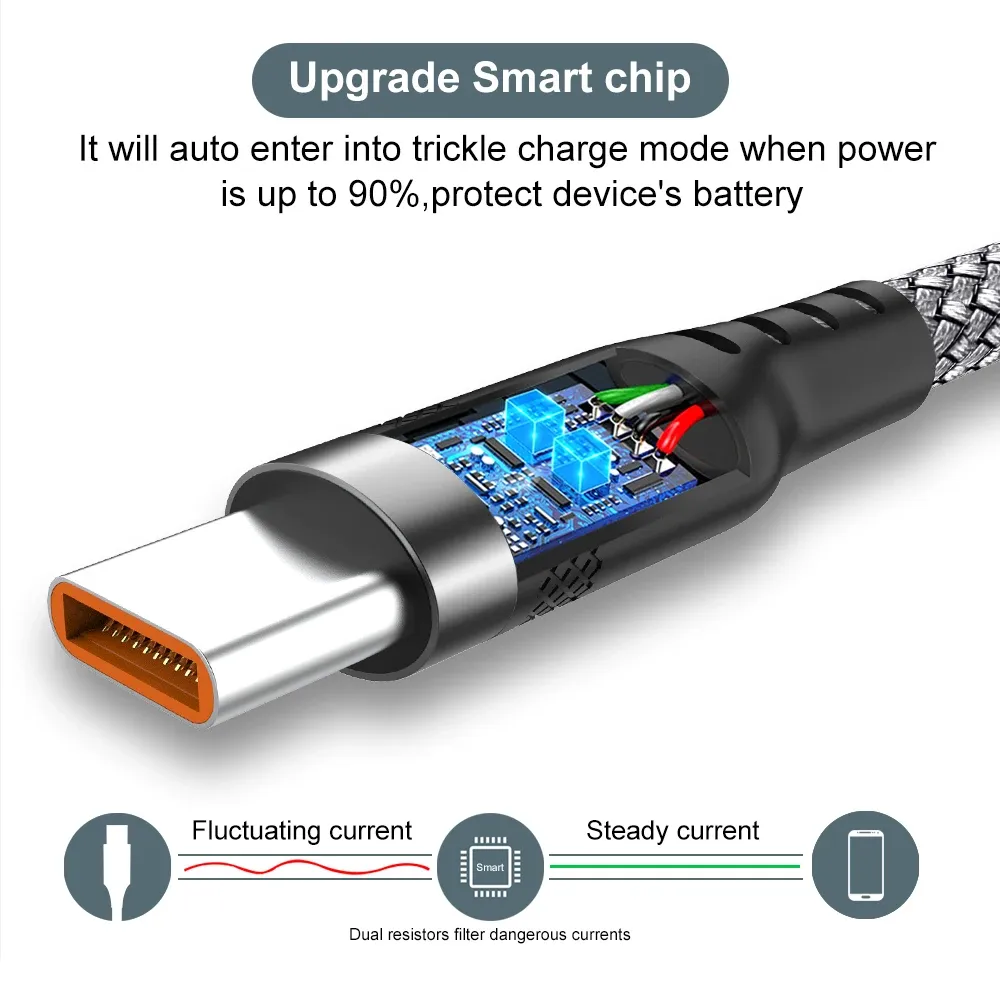 Câble de charge USB Type-C 6 A pour Huawei, câble de 1 m, 2 m, 3 m, 5 m et 8 m pour Xiaomi, Vivo, LeEco, OnePlus et Oppo 4