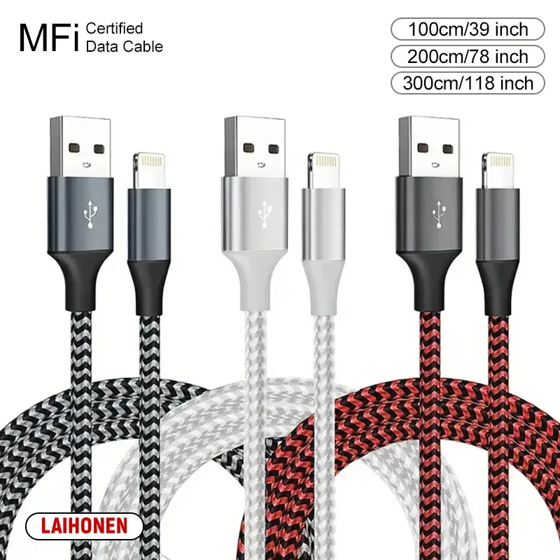 Câble USB-A vers Lightning certifié MFi, 1 m / 2 m / 3 m, compatible iPhone 14, 13, 12, 11, X, XR, Pro Max, câble de charge rapide et de transfert de données