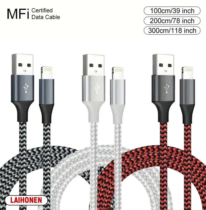 Câble USB-A vers Lightning certifié MFi, 1 m / 2 m / 3 m, compatible iPhone 14, 13, 12, 11, X, XR, Pro Max, câble de charge rapide et de transfert de données 16
