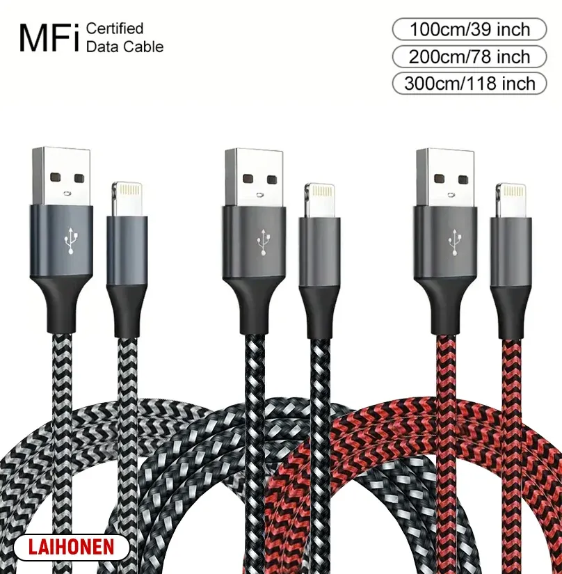Câble USB-A vers Lightning certifié MFi, 1 m / 2 m / 3 m, compatible iPhone 14, 13, 12, 11, X, XR, Pro Max, câble de charge rapide et de transfert de données 15
