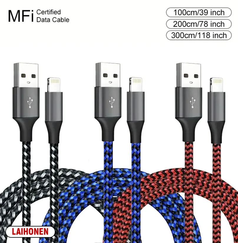 Câble USB-A vers Lightning certifié MFi, 1 m / 2 m / 3 m, compatible iPhone 14, 13, 12, 11, X, XR, Pro Max, câble de charge rapide et de transfert de données 14