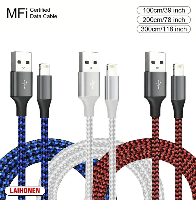 Câble USB-A vers Lightning certifié MFi, 1 m / 2 m / 3 m, compatible iPhone 14, 13, 12, 11, X, XR, Pro Max, câble de charge rapide et de transfert de données 12