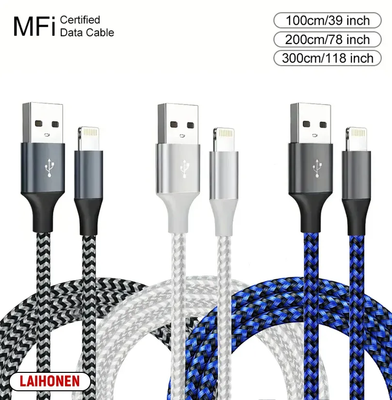 Câble USB-A vers Lightning certifié MFi, 1 m / 2 m / 3 m, compatible iPhone 14, 13, 12, 11, X, XR, Pro Max, câble de charge rapide et de transfert de données 13