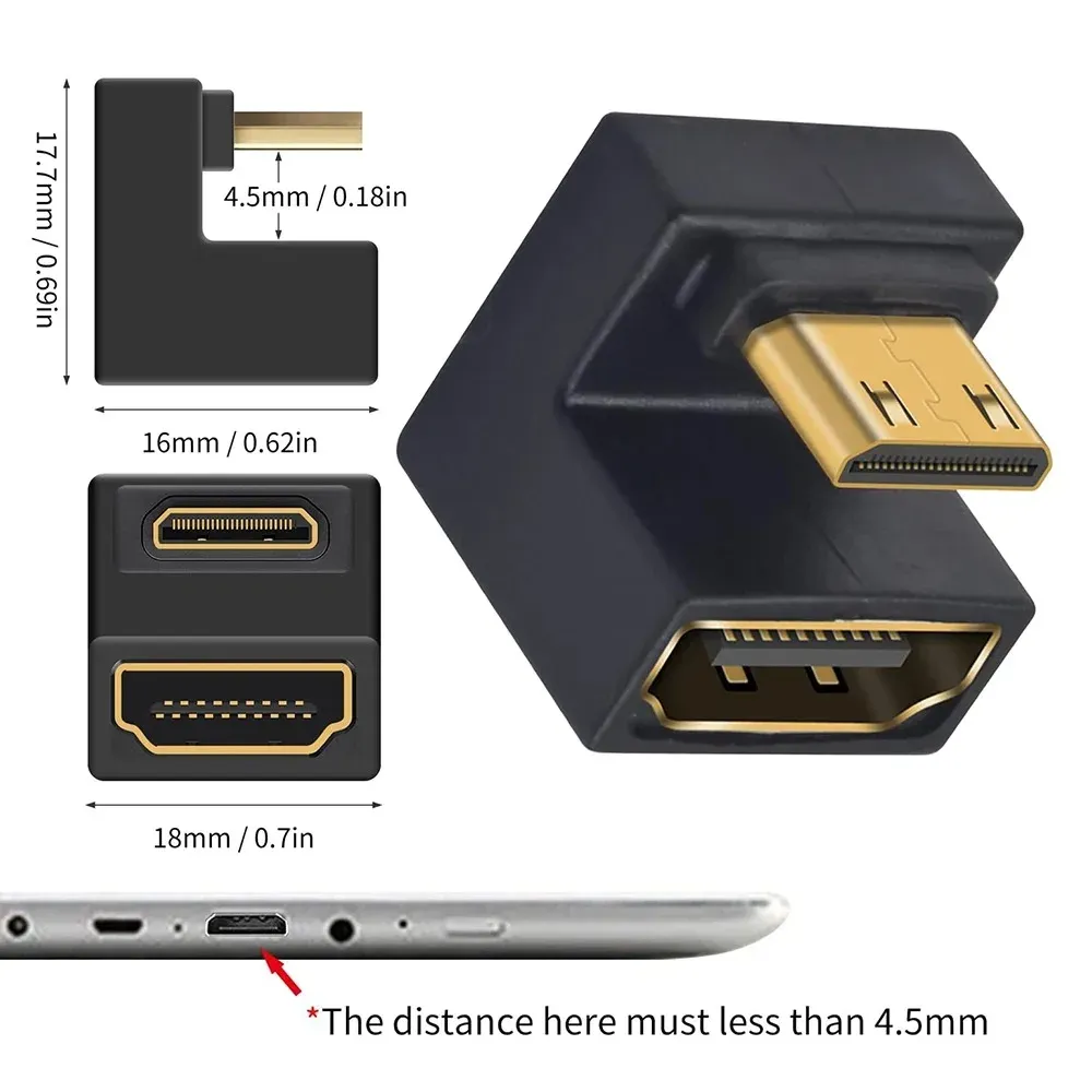 Adaptateur coudé 8K UHD à 180 degrés en U, compatible HDMI 2.1, rallonge Mini-HDMI vers HDMI pour moniteur, tablette, téléviseur, caméscope et ordinateur portable 8