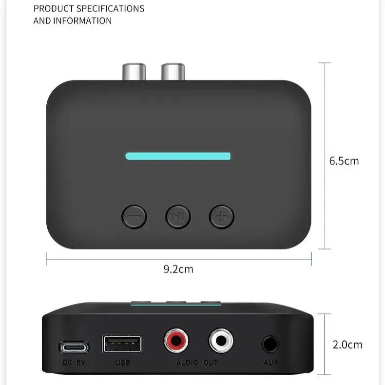 Adaptateur récepteur audio Bluetooth 5.3 USB, streaming musical stéréo sans fil, sorties 3,5 mm AUX et RCA G/D, lecture depuis clé USB pour haut-parleur de bureau 6